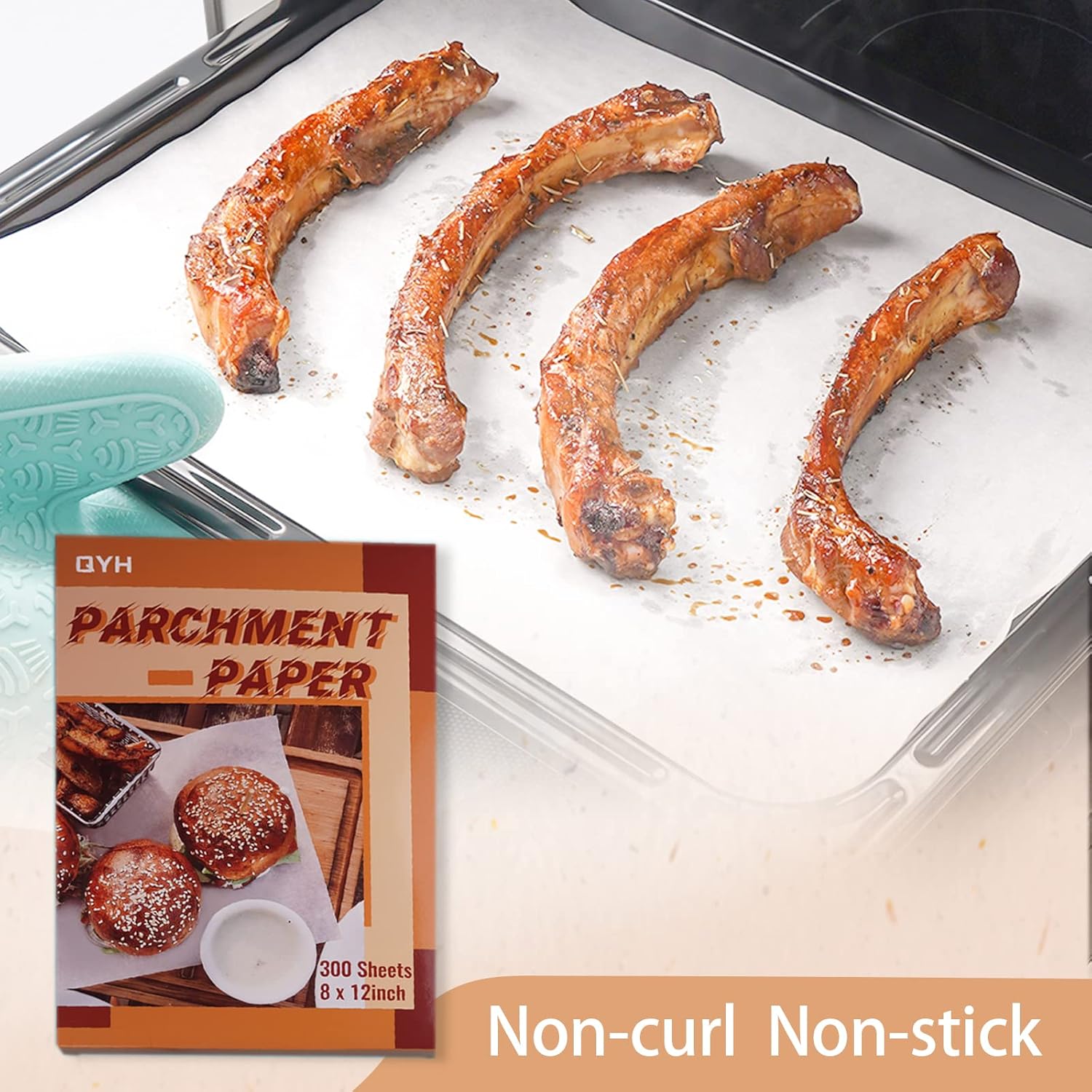 QYH Parchment Paper Baking Sheets - 300 Non-Stick, Pre-Cut 8x12 Inch White Sheets for Baking & Grilling