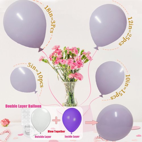 Light Purple Balloons - Double Stuffed Pastel Macaron Lavender | 18, 12, 10, 5 Inch for Parties & Events