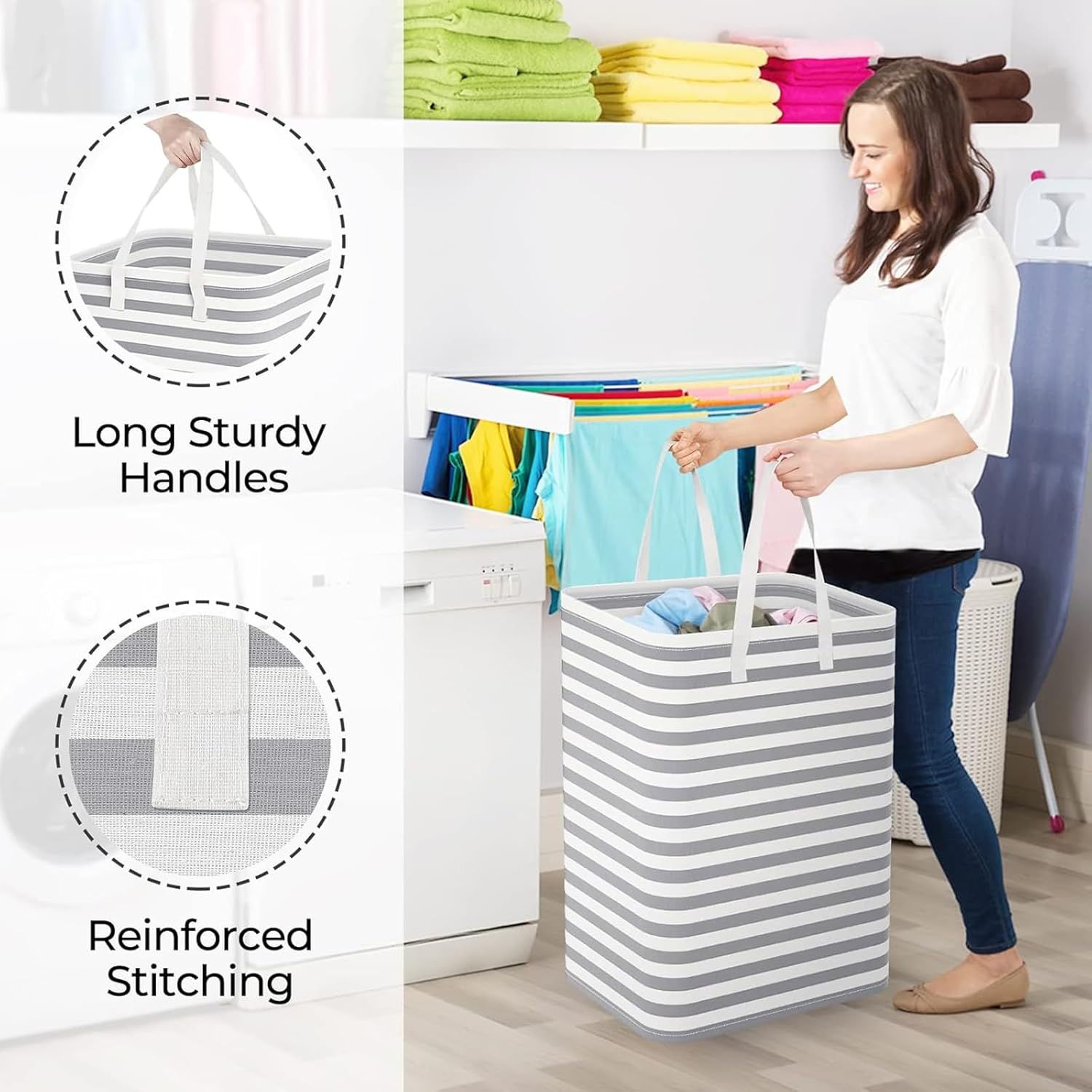 Skiennix Large Collapsible Laundry Hamper - Waterproof Freestanding Basket with Easy Carry Handles | 75L Gray
