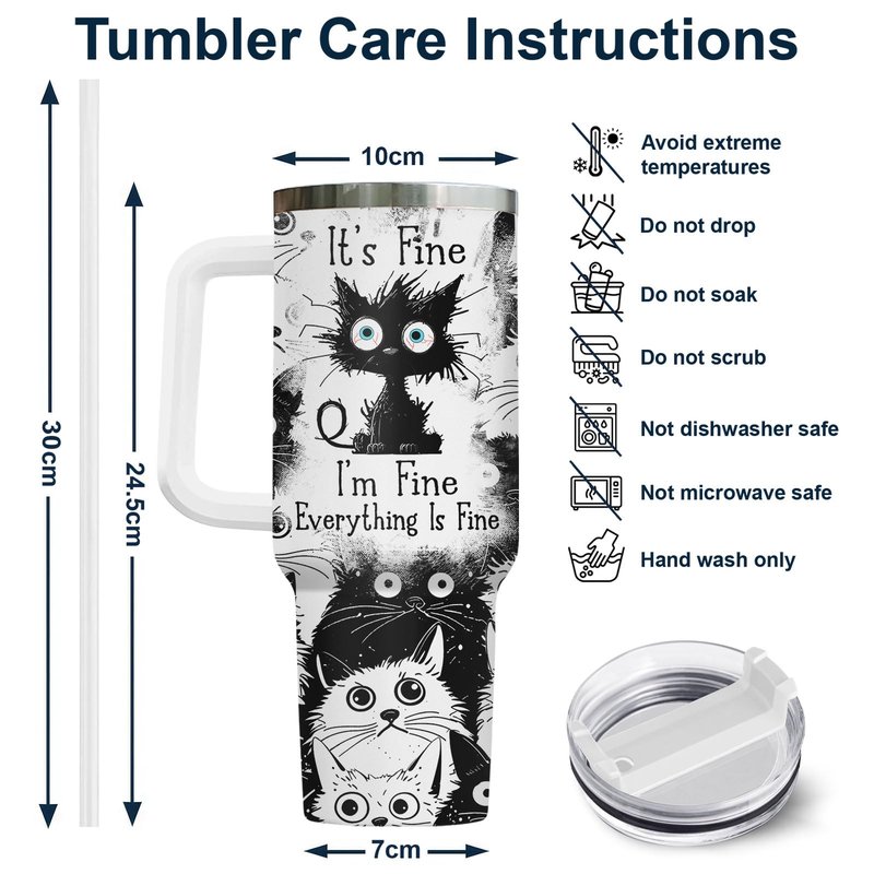 34HD Funny Black Cat 40oz Tumbler with Handle and Straw, Everything Is Fine Stainless Steel Vacuum Insulated Cup, Birthday & Mother's Day Gifts for Pet Lovers, Him Her and Mom