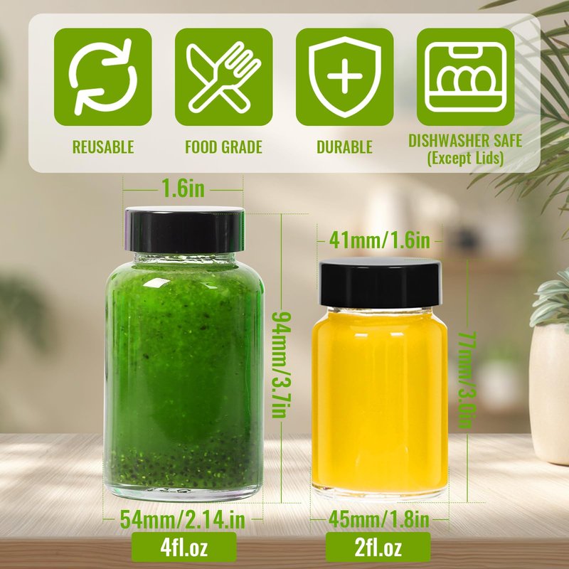 4oz Ginger Shots Bottles 16Pack- Portable Leakproof 4 oz Glass Jars with Lids- Glass Juice Shot Bottles with Caps for Wellness Shot(4 fl. oz, Set of 16)