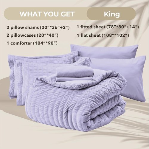 HYMOKEGE King Size Comforter Set - Luxurious Light Purple Seersucker 7-Piece Bedding Set