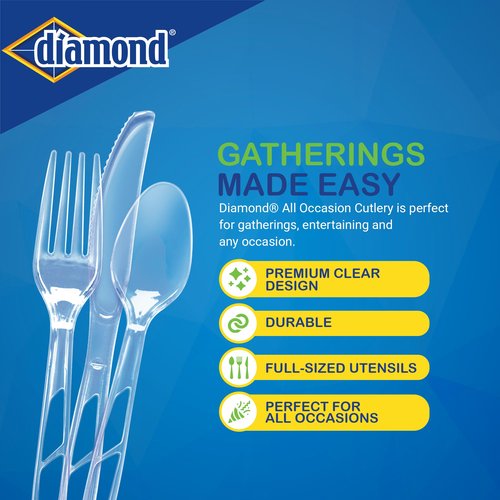 Diamond® All Occasion Clear Plastic Cutlery Set – 192 Count (64 Forks, 64 Spoons, 64 Knives), Disposable Utensils, Durable Polystyrene, Reusable Tray, Made in USA