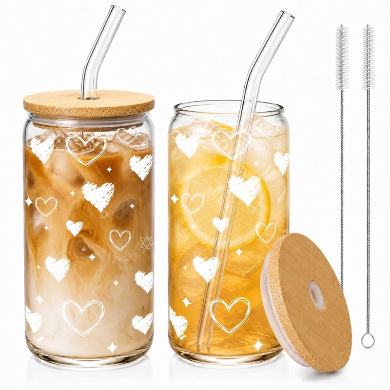 DAMCONME Glass Cups with Lids and Straws, 2 Pack Heart Glass Cups, 16 oz Borosilicate Iced Coffee Cups, Matching Drinkware for Best Friends, Couples, Birthday and Anniversary