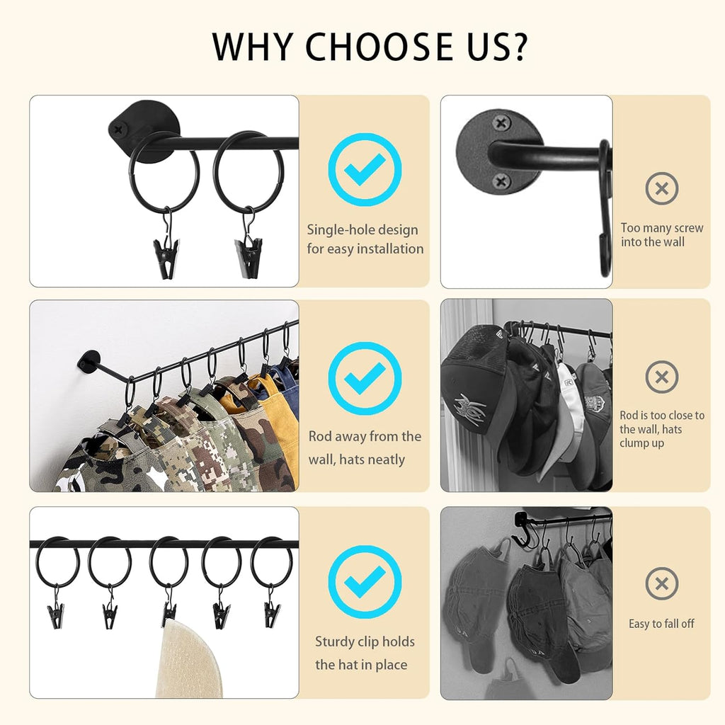 Viklluyr Hat Rack - Modern Wall-Mounted Metal Organizer with 20 Hooks | Set of 2 for Caps Storage