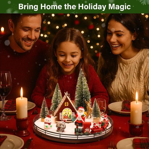 AMH Christmas Table Decorations Set - 12 PCS Xmas Town Village Centerpiece with Santa, Train, House & Trees