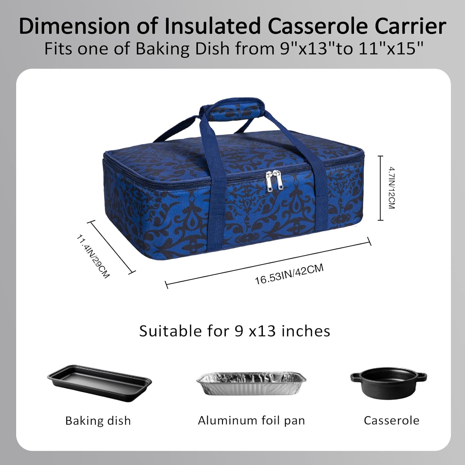 Skiennix Insulated Casserole Carrier Bag - Portable Tote Keeps Food Hot/Cold | Fits 9x13" Dish - Blue/Black