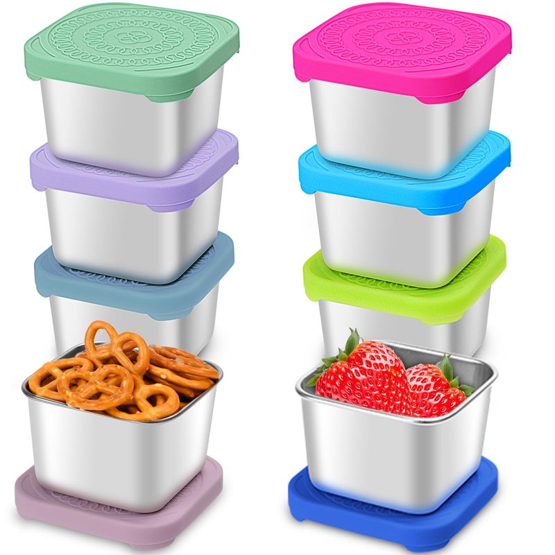 Haldane 4-Pack 6oz Stainless Steel Snack Containers for Kids Toddlers, Leak-Proof Bento Boxes with BPA-Free Silicone Lids, Reusable Food Storage Lunch Boxes for Daycare School Travel Picnic