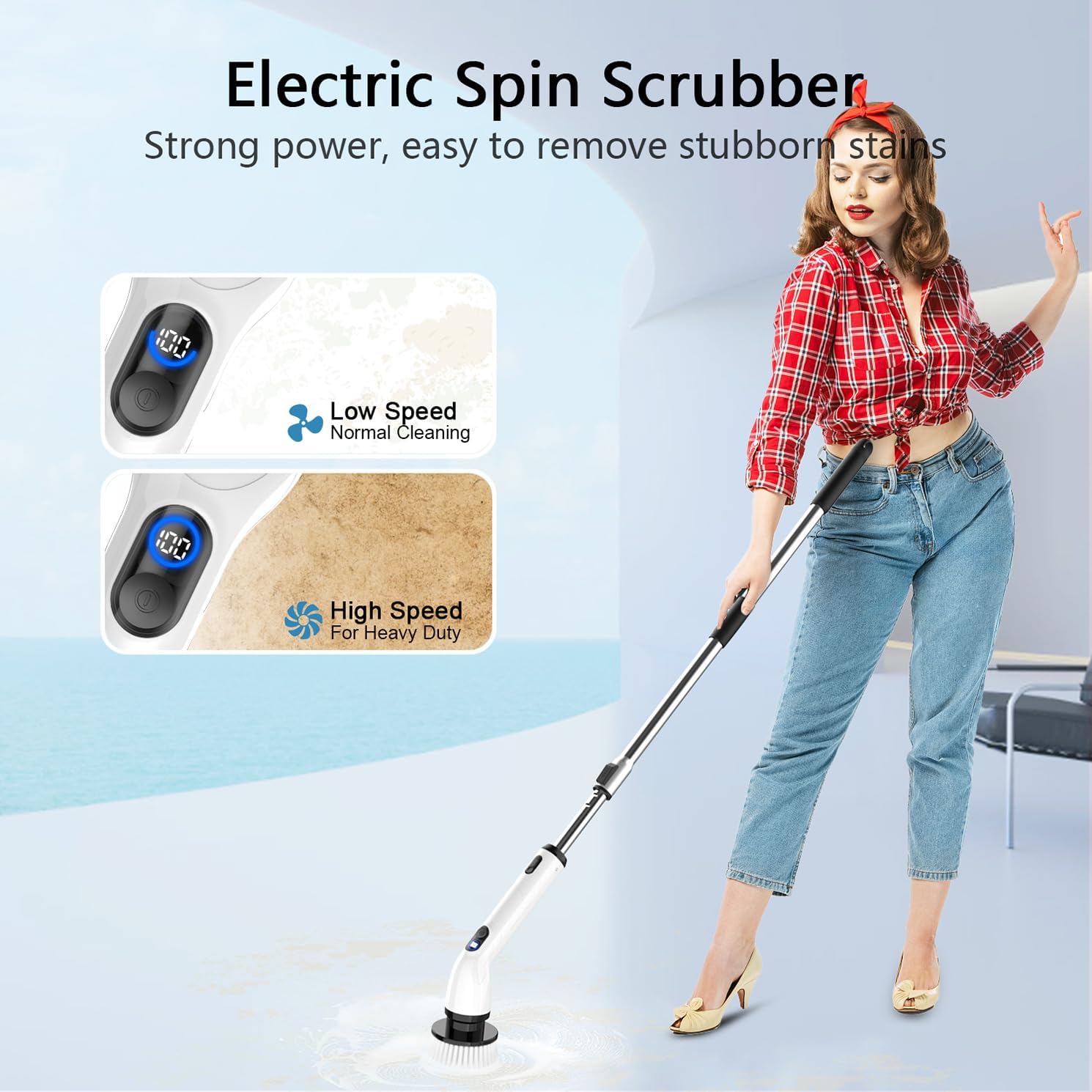 TUYU Electric Spin Scrubber - Cordless IPX7 Waterproof Bathroom Cleaner with Adjustable Handle | Power LCD Display