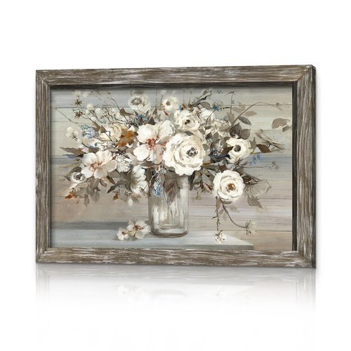 Rose Bouquet Framed Wall Art - Brown Rustic Flower Painting Abstract Floral in Vase Picture Botanical Prints Wooden Artwork for Bedroom Farmhouse