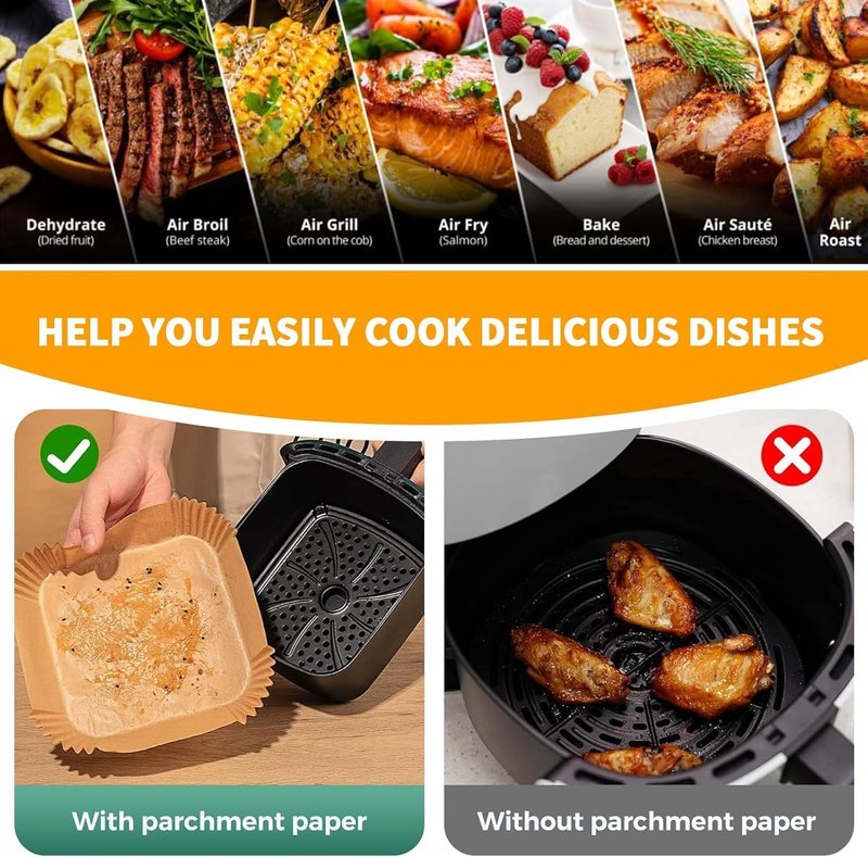 Air Fryer Liners 200Pcs, 8.7" Square Parchment Paper Liner for Air Fryer, Baking, Roasting and Microwave, Non-Stick Disposable Airfyer Liners Accessories