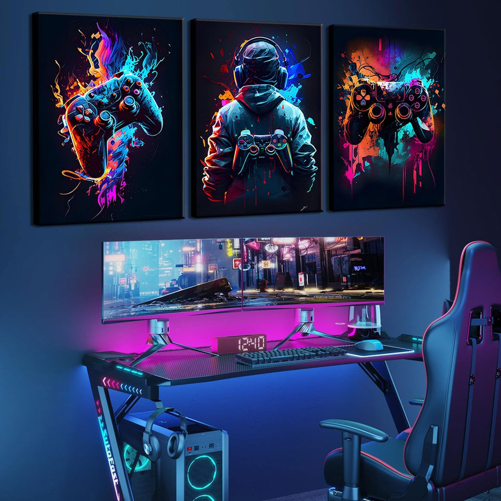 Skiennix Cool Gaming Wall Art - Retro Video Game Watercolor Posters | Colorful Neon Gamepad Canvas Prints for Kids' Rooms
