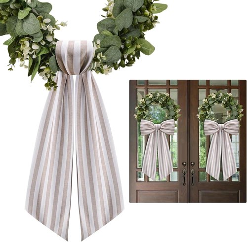 Boxwood Wreath Sash by [Brand Name] - 2 Pack Beige & White Stripe Garland for Front Door Decor