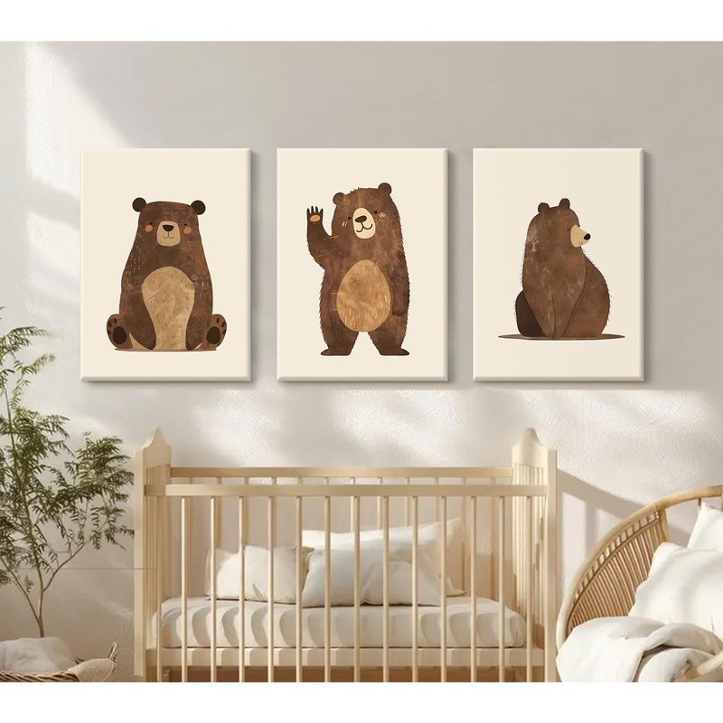Nursery Wall Art Baby Canvas Pictures Bear Wall Decor Boys Room Prints Kids Poster Cute Animal Theme Pictures Woodland Bear Painting Neutral Children Artwork for Bedroom 16x24 Inch Ready to Hang