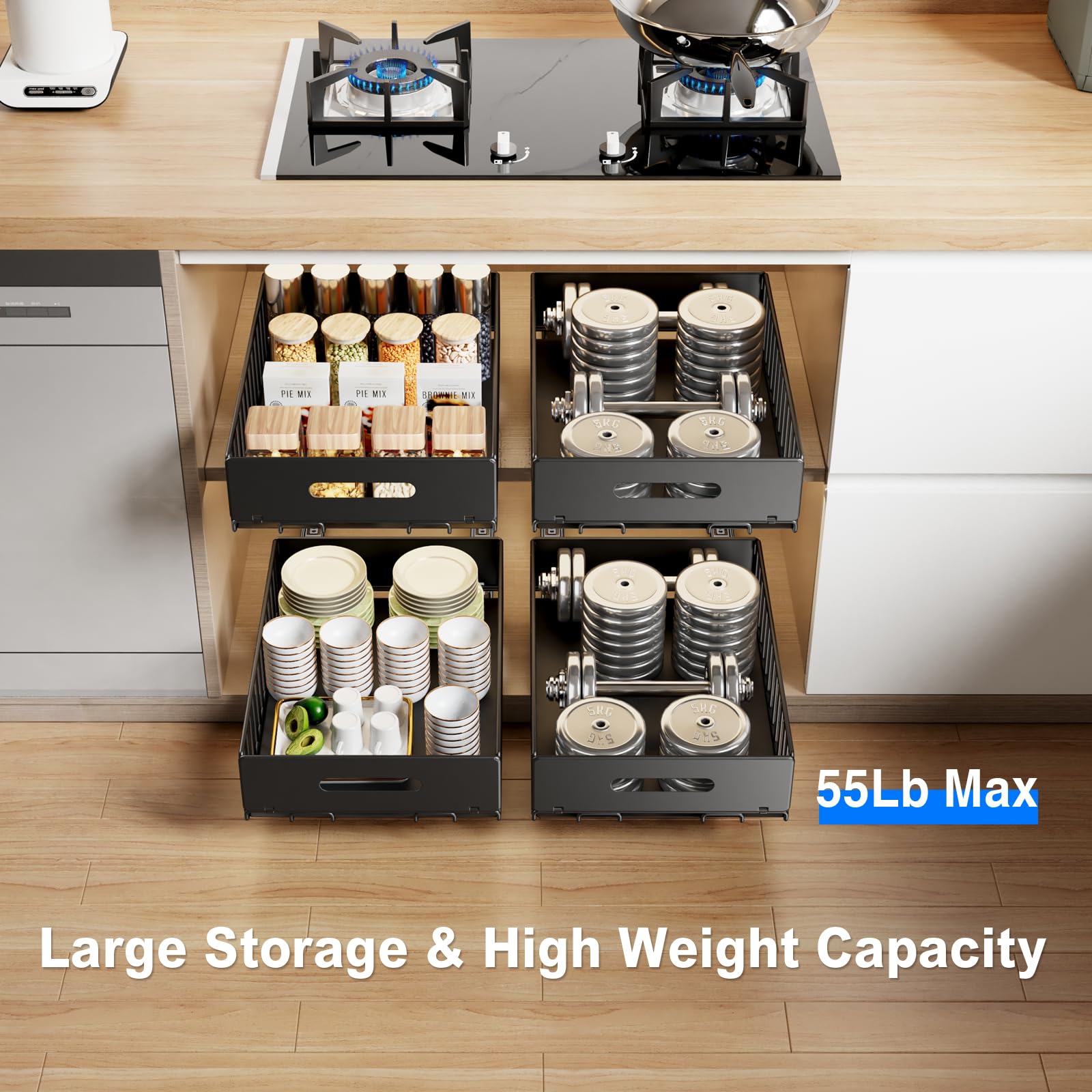 Mustorn 2 Pack Pull Out Cabinet Organizer, Slide Out Drawers for Cabinets, Peel and Stick, Heavy Duty Shelves for Kitchen, Cupboard, Pantry, Bathroom (16.5"D*11.8"W*3.94"H-Black)