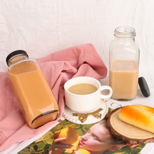 GUANENA 12 Pack Glass Drink Bottles, 16 OZ Vintage Square Water Bottles with Lids, Juice Bottles Beverages Containers for Milk, Kombucha, Smoothies