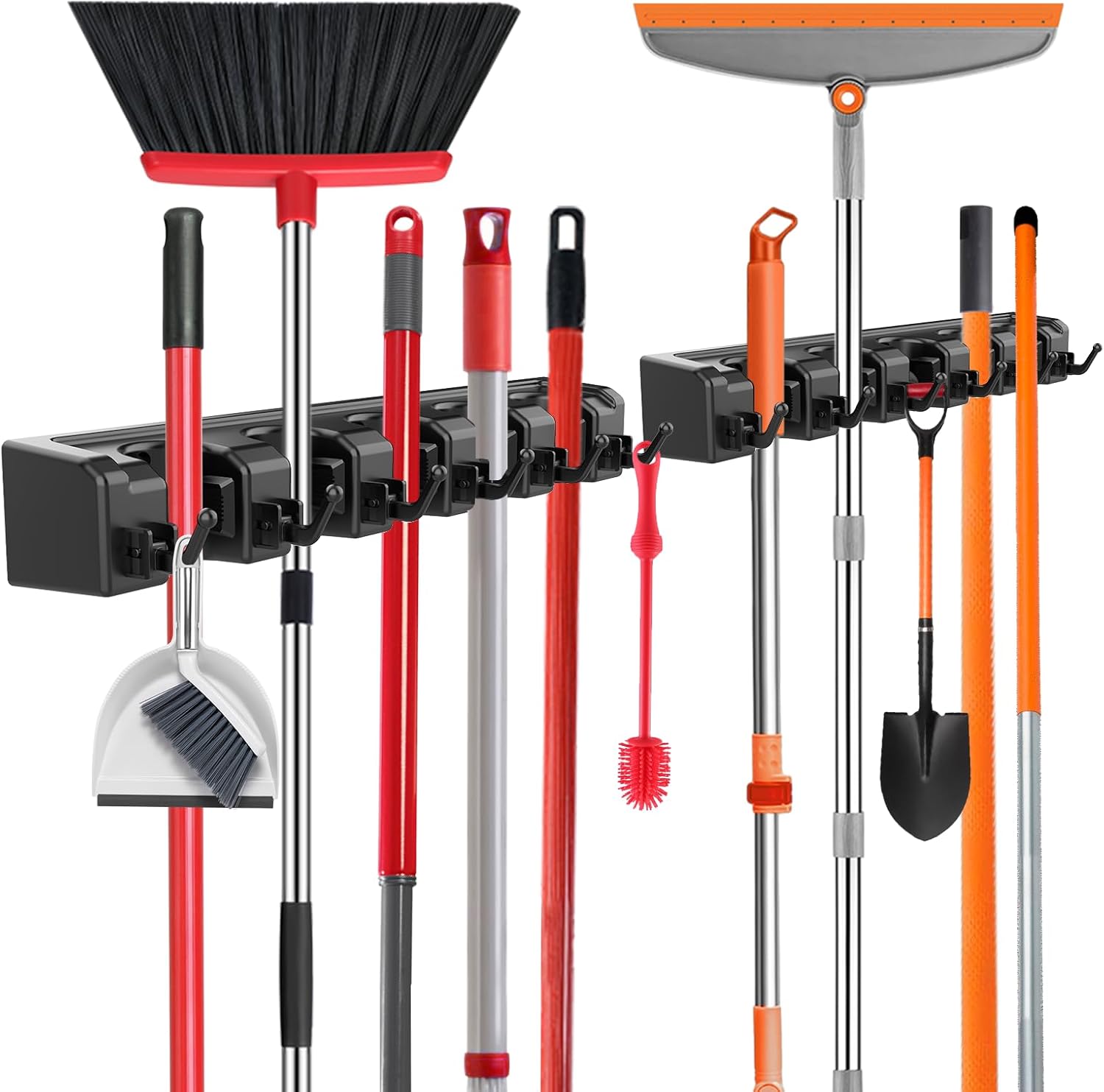 Nacena Broom Holder Wall Mount - 2-Pack Organizer with 5 Ball Slots & 6 Hooks | Black