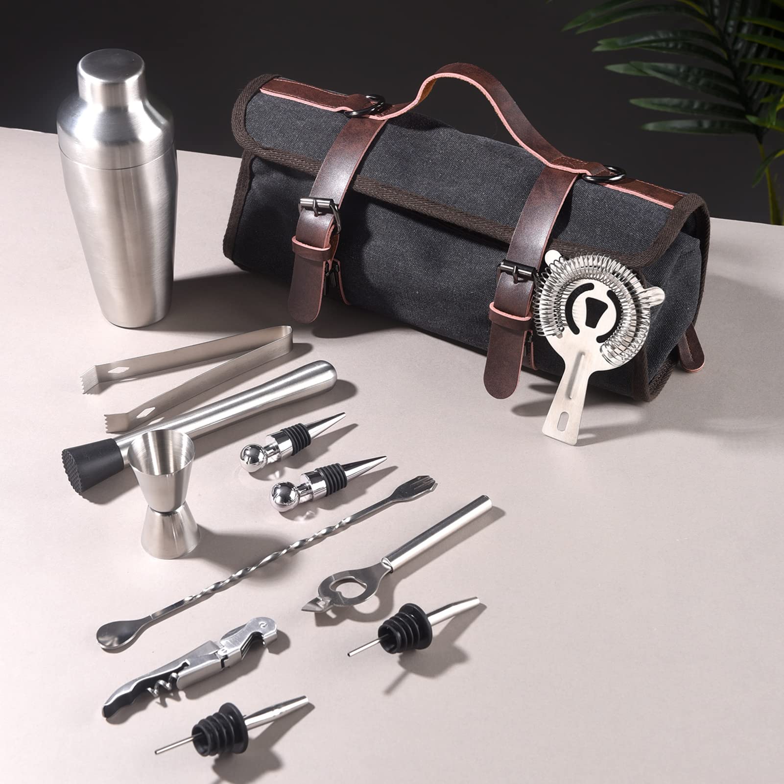 TREELF 13-Pieces Portable Bartender Bag Travel Bartender Bag Canavs Bar Kit Bag for Carrying Bar Tools Perfect Storage,Travel Bar Set for Home Cocktail Making, Work, Parties, Camping (Bag with Tools)