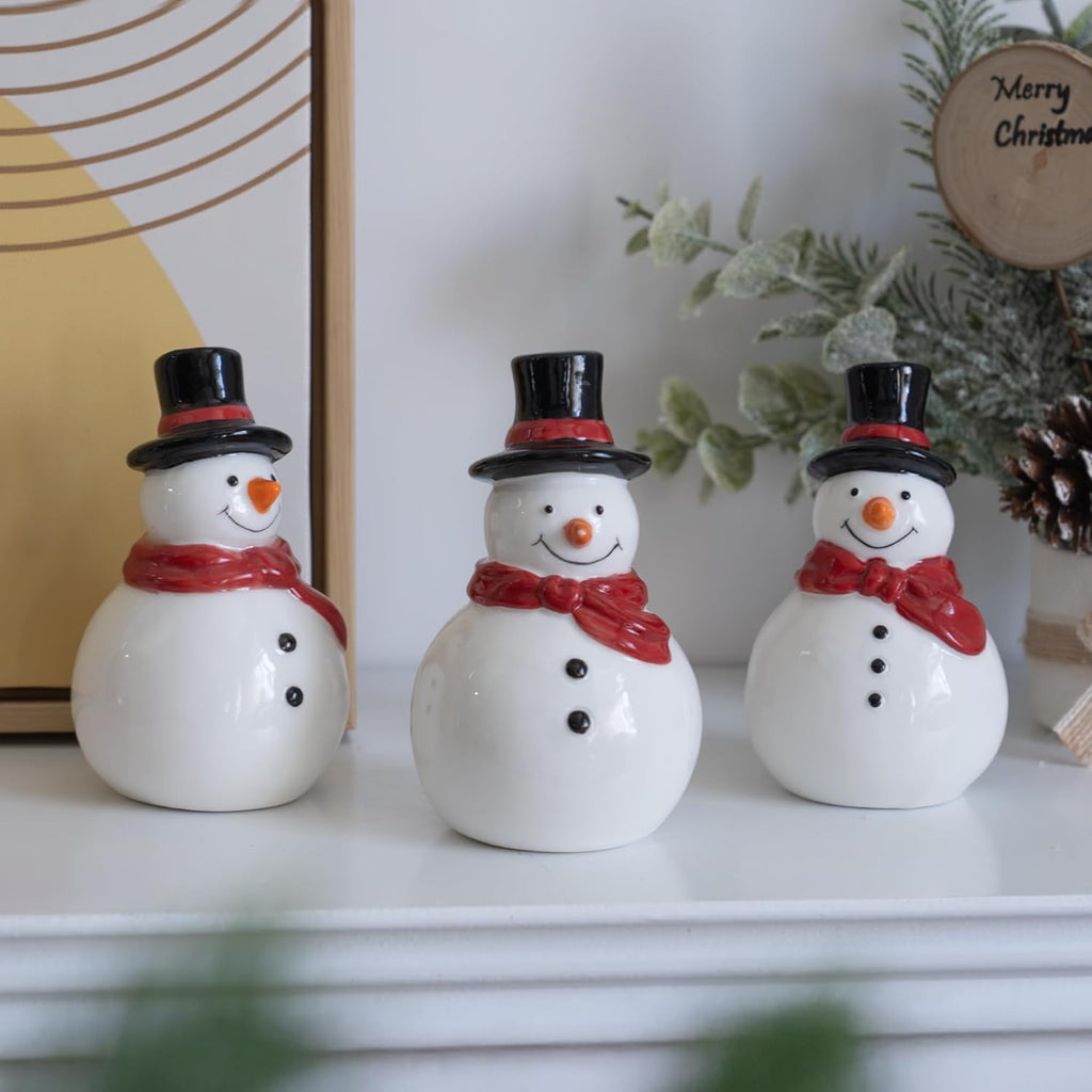 Nerousun Christmas Snowman Figurines - 3 Pack Ceramic LED Lighted Tabletop Decorations | Winter Xmas Decor