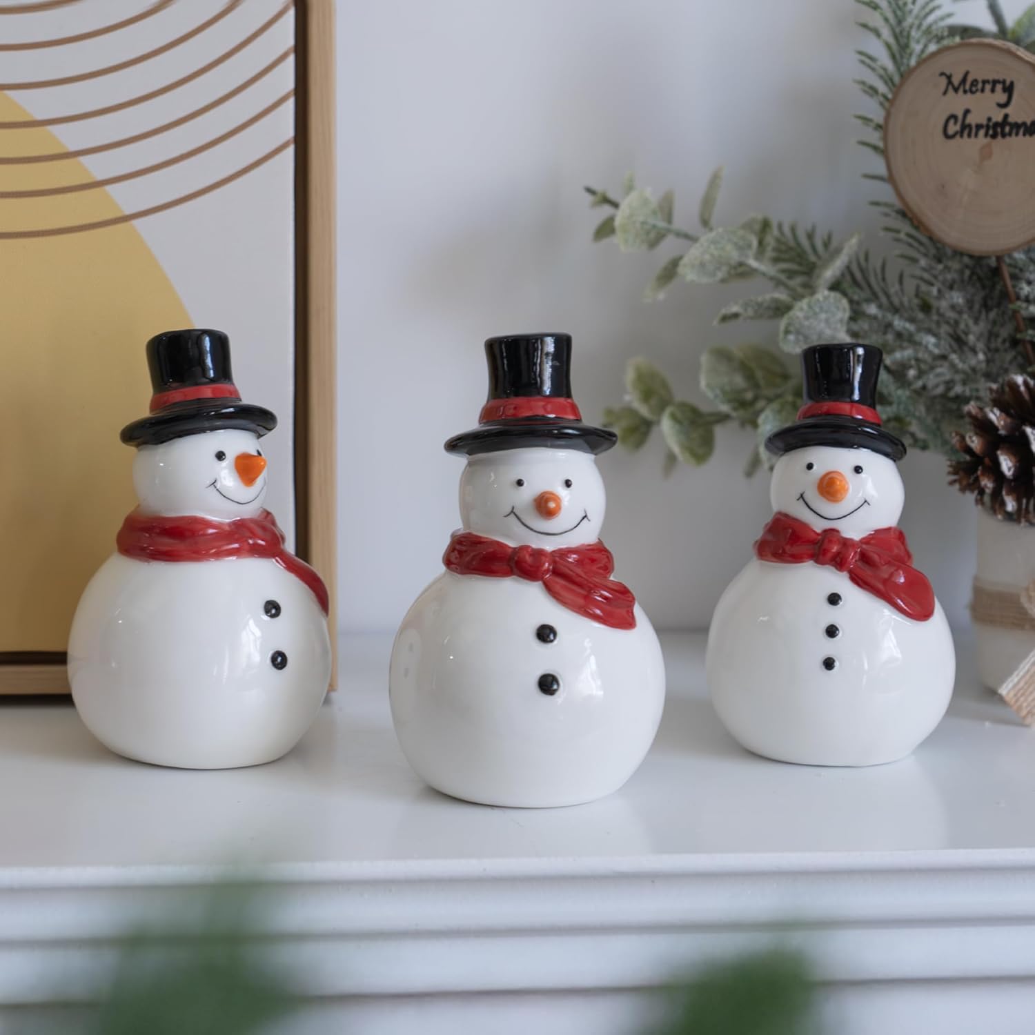 Nerousun Christmas Snowman Figurines - 3 Pack Ceramic LED Lighted Tabletop Decorations | Winter Xmas Decor