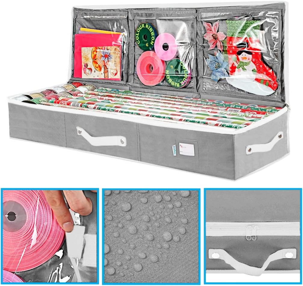 Primode Wrapping Paper Storage Container - Gift Wrap Organizer for 18-24 Rolls | 41”x14”x6” | Durable 600D Oxford Material | Grey