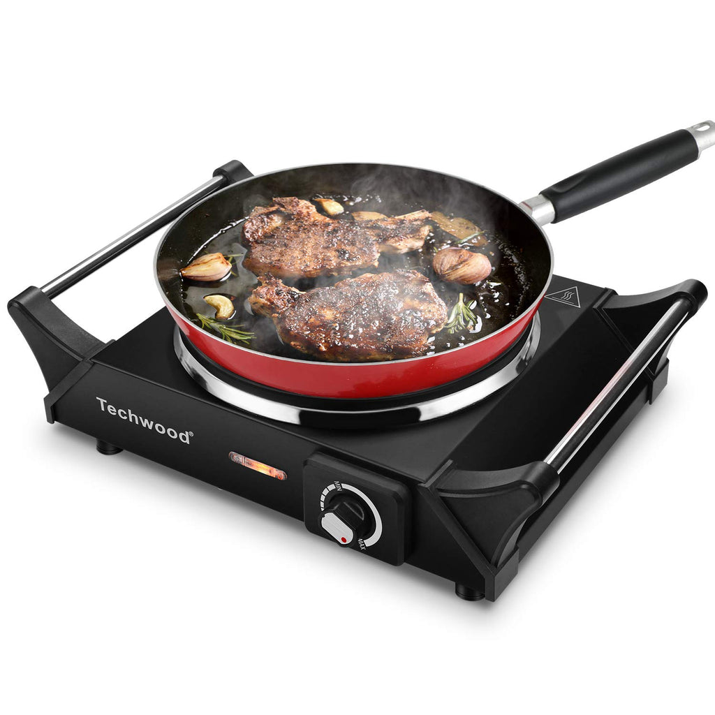 Techwood Hot Plate Portable Electric Stove 1500W Countertop Single Burner with Adjustable Temperature & Stay Cool Handles, 7.3” Cooktop for Dorm Office/Home/Camp, Compatible for All Cookwares