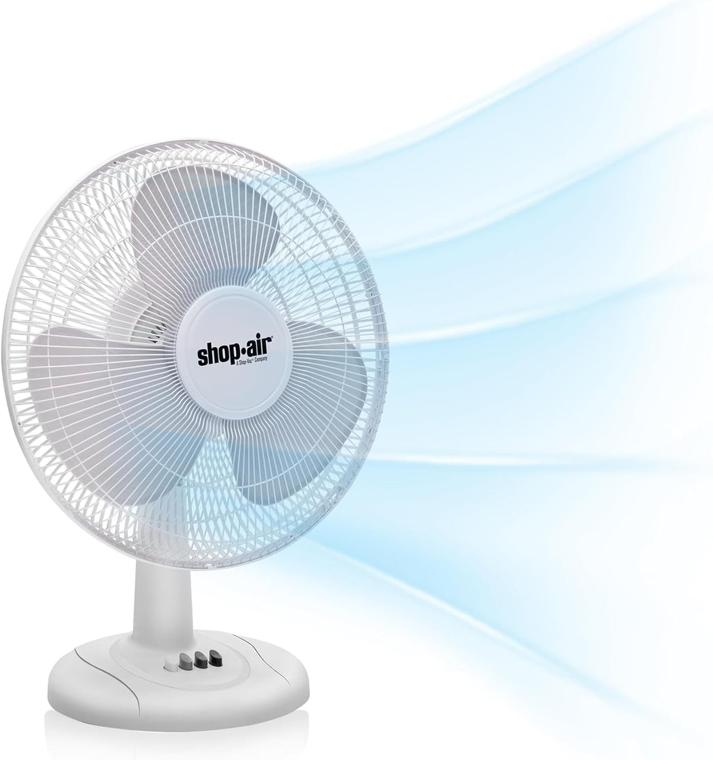 Shop-Air 12" Oscillating Table Fan - High-Velocity, Quiet Air Circulation | 3 Speeds & 70° Adjustable Tilt, White
