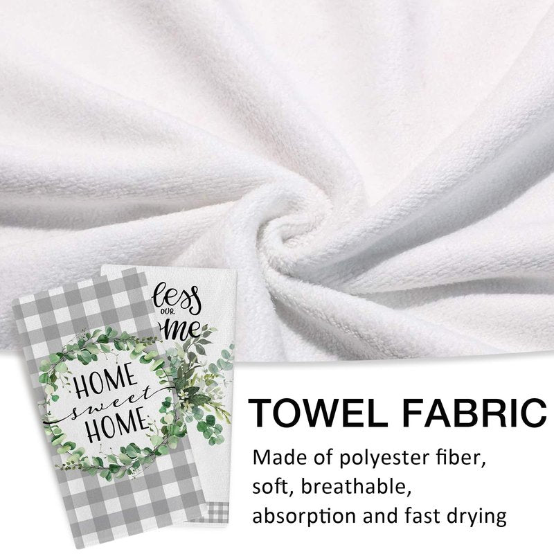 Seliem Sweet Home Spring Summer Kitchen Dish Towels Set of 2, Eucalyptus Leaves Mason Jar Hand Towels Drying Baking Cooking Cloth, Grey Plaid Farmhouse Bless Our Home Kitchen Decor 18x26 Inch