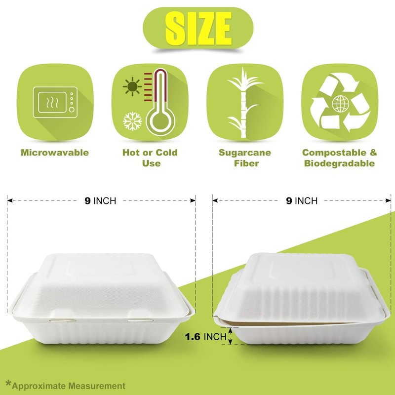 Green Earth 9-Inch, 200-Count, 1-Compartment, Compostable Clamshell, Natural Bagasse (Sugarcane Fiber), Take-Out/to-Go Food Boxes - Biodegradable Containers, Hinged Lid Microwave-Safe Gluten-Free