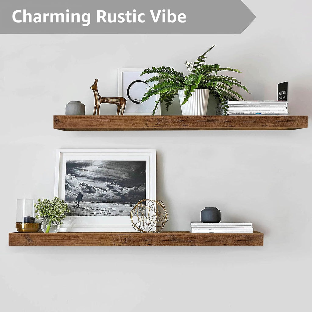 QEEIG Floating Shelves - Rustic Brown Wall Mounted Display Shelves | Set of 2, 39.4" x 9.3" for Home Decor