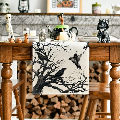 Artoid Mode Silhouette Tree Crows Halloween Table Runner, Branches Fall Kitchen Dining Table Decoration for Outdoor Home Party 13x108 Inch