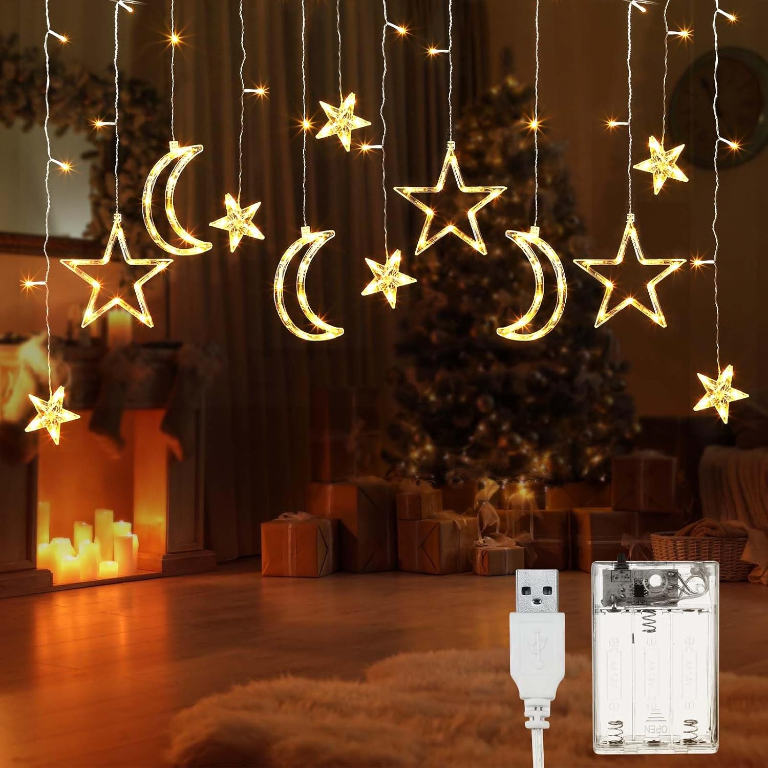 Riakrum LED Star and Moon String Lights - 11.48 ft Waterproof Warm White Fairy Lights for Bedroom | USB Powered Decor