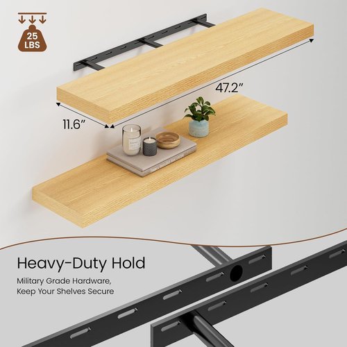 Heimlove Floating Shelves - 48W x 12D Long Wood Shelves with Heavy Duty Bracket | Set of 2, Oak Finish