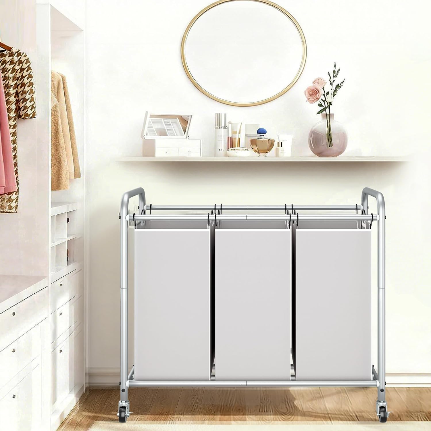 Storage Maniac Laundry Sorter - 3 Section Hamper Cart with Lockable Wheels & Removable Bags | 35.6 Gal, Gray