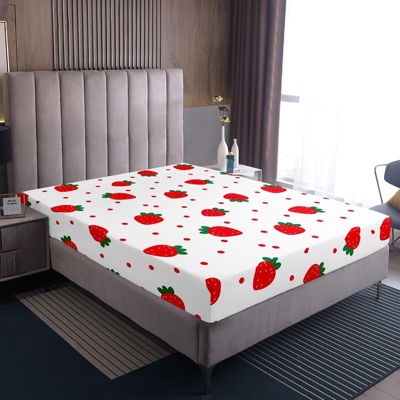 Cute Strawberry Bottom Sheet Full,Red Polka Dot Plants Nature Bedding Set 4pcs for Kids Teens Girls Bedroom Gift,Summer Fruits Sheet Set White Cartoon Fitted Sheet+Flat Sheet+2 Pillowcases