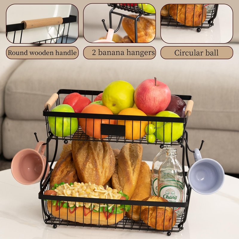 FRUVAN 2 Tier Fruit Basket with 2 Banana Hangers, Fruit Bowl for kitchen counter with Wooden Handle, Detachable Large Capacity Fruit Holder Stand for Vegetable Bread Snack Produce Storage