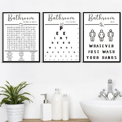 Framed Bathroom Wall Art by [Brand Name] - Funny Black and White Word Search Pee Eye Chart | Wash Your Hands (12x16 inches, Set of 3)