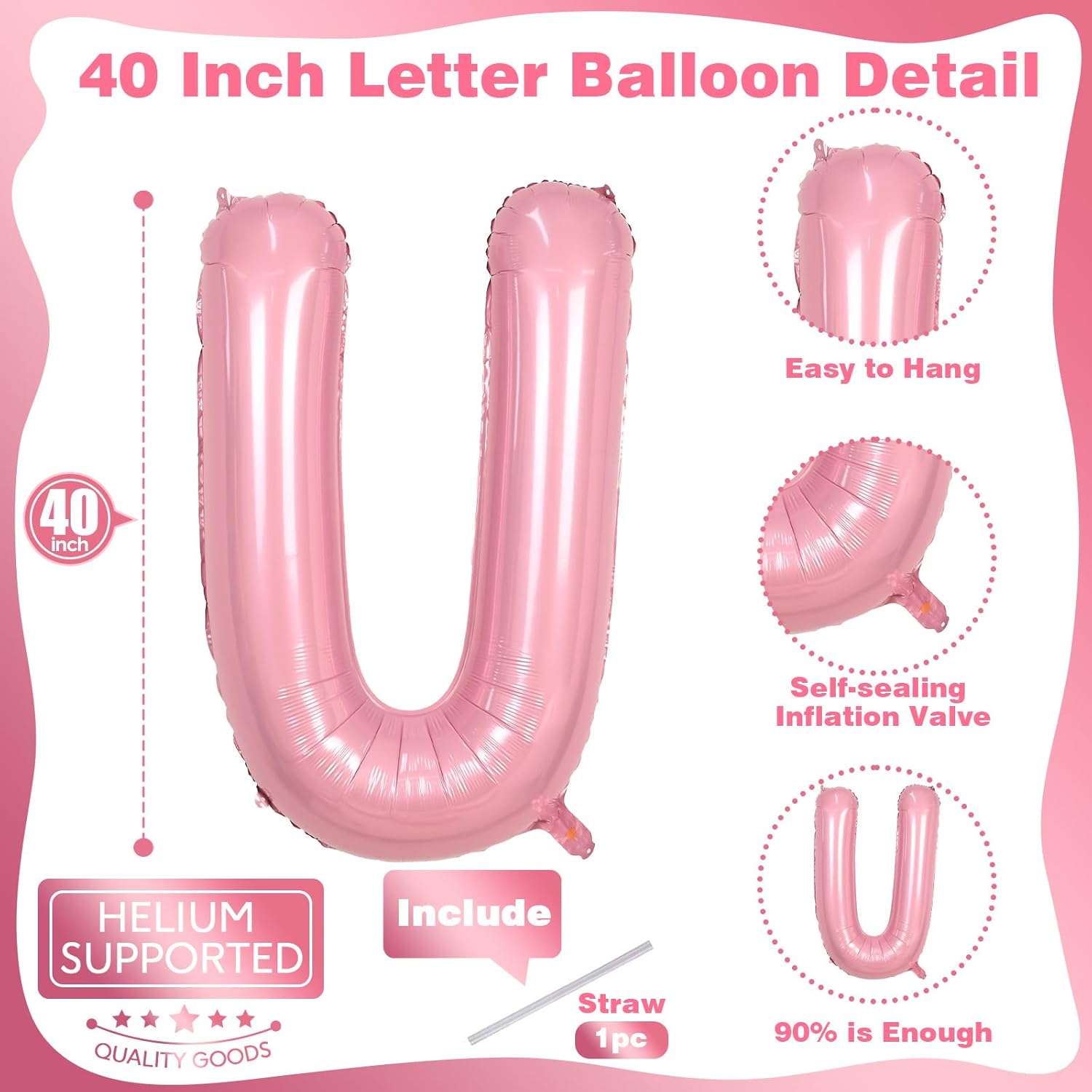 Skiennix 40-Inch Pastel Pink Letter Balloon U - Giant Custom Mylar Foil Balloon for Birthday Parties