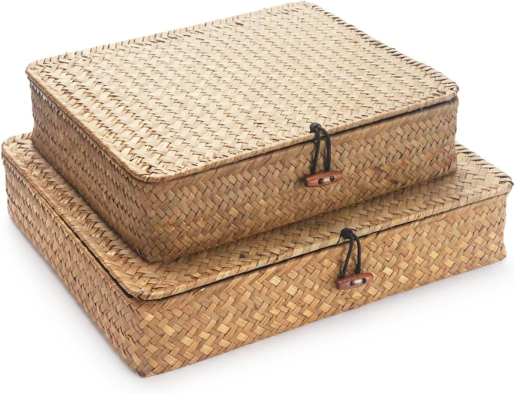 Seagrass Storage Baskets - Decorative Woven Baskets with Lid for Organizing | Shallow Design