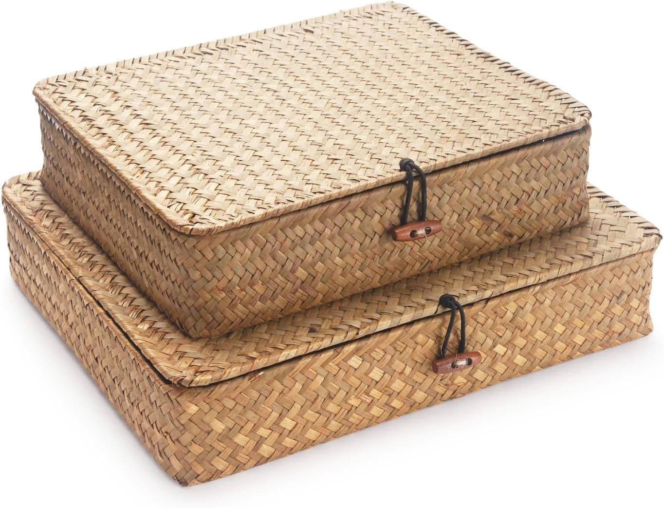 Seagrass Storage Baskets - Decorative Woven Baskets with Lid for Organizing | Shallow Design
