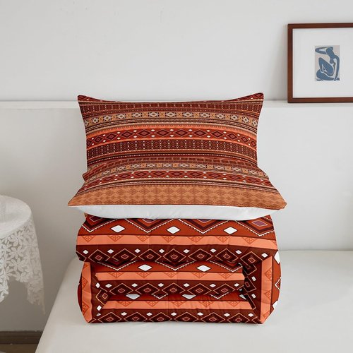 Feelyou Boho Comforter Twin Size with 1 Pillow Case Orange Bohemian Comforter Set Modern Geometric Bedding Set Stripe Line Quilted Duvet Set for Boys Girls Kids Adults