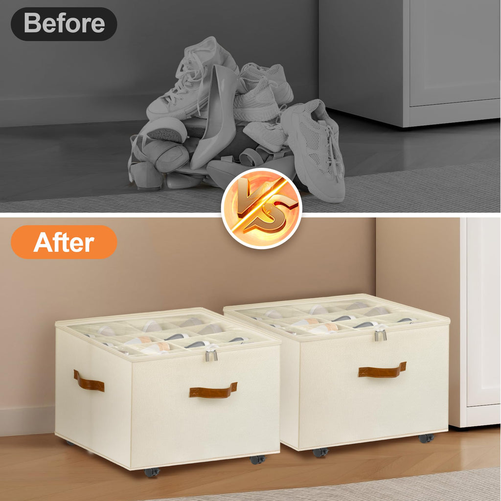 Shoe Organizer for Closet, 2 Pack Shoe Storage Organizer with Wheels and Adjustable Dividers, Stackable Shoe Storage Box with Clear Cover, Foldable Closet Shoe Organizer Fits up to 16-32 Pairs, Beige