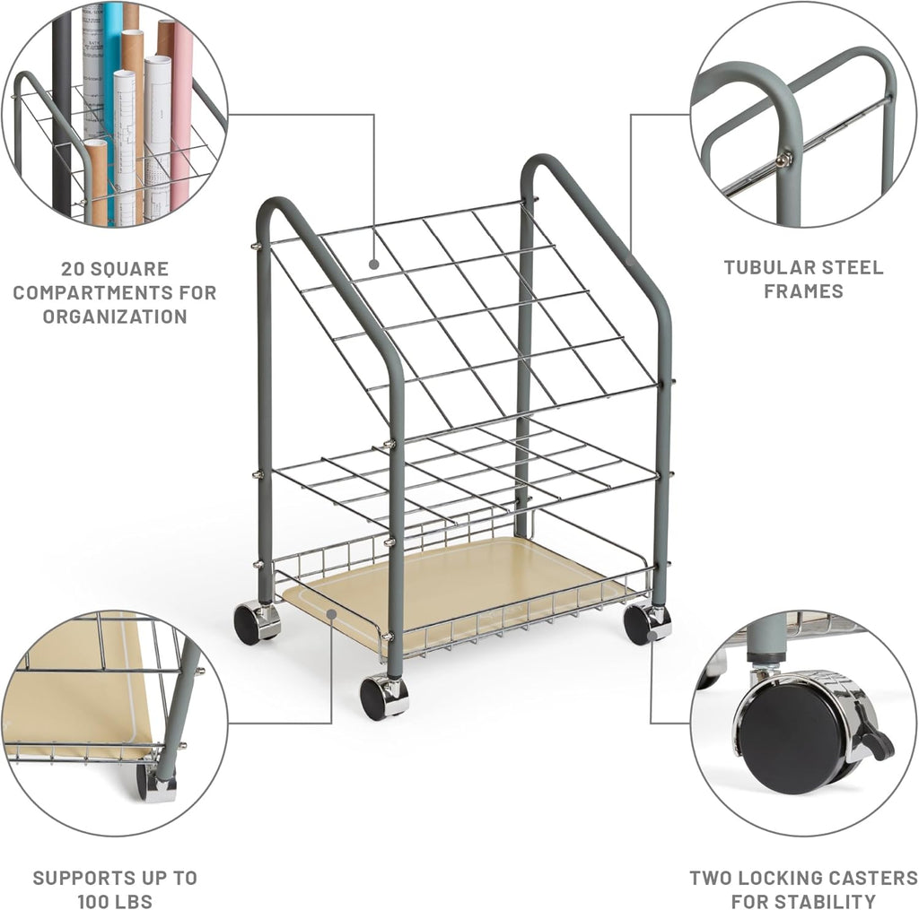 Safco Tubular Steel Wire Roll File Cart - 20 Compartment Rolling Organizer for Blueprints & Maps