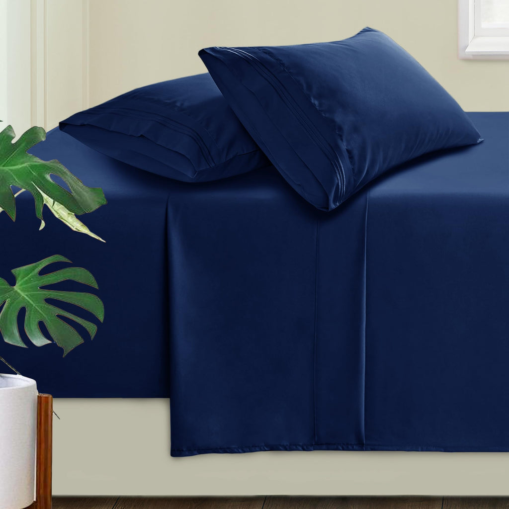 Manyshofu Extra Deep Pocket King Size Sheets - Hotel Luxury 1800 Thread Count Sheets & Pillowcases - Microfiber Bedding Set up to 24" Mattress - Navy Blue Bed Sheets 18-24 Inch Deep Pockets - 4 Piece