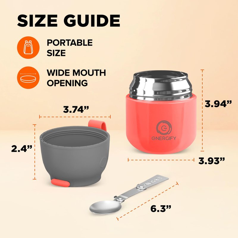 ENERGIFY Vacuum Insulated Food Jar. Large 12oz Bowl incl. Folding Spoon, Cup. Wide Mouth Keep Hot & Cold Drinks Soup Lunch Container for Adults. BPA-Free Stainless Steel, Leak Proof Fusion Coral