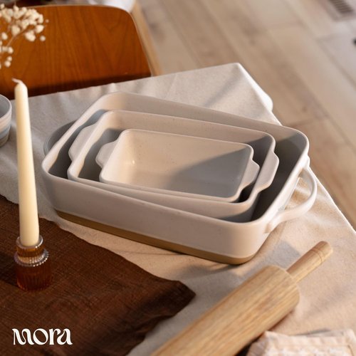 Mora Ceramic Baking Dish - Large 9x13 in Casserole Pan with Handles | Extra Deep Porcelain Bakeware - Oat