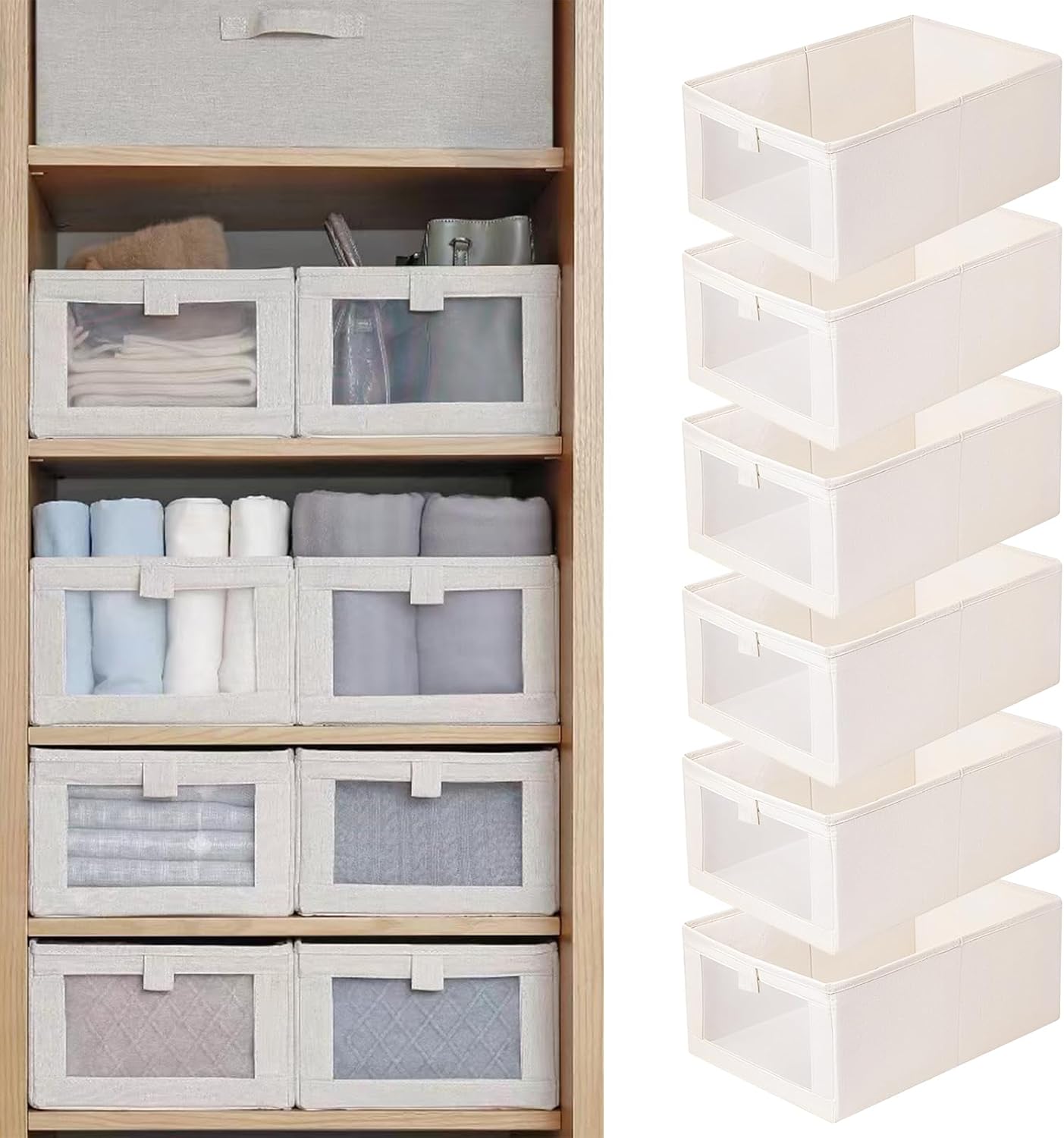 **Skiennix Linen Closet Organizers - 6 Pack Foldable Storage Bins with Clear Window for Clothing**