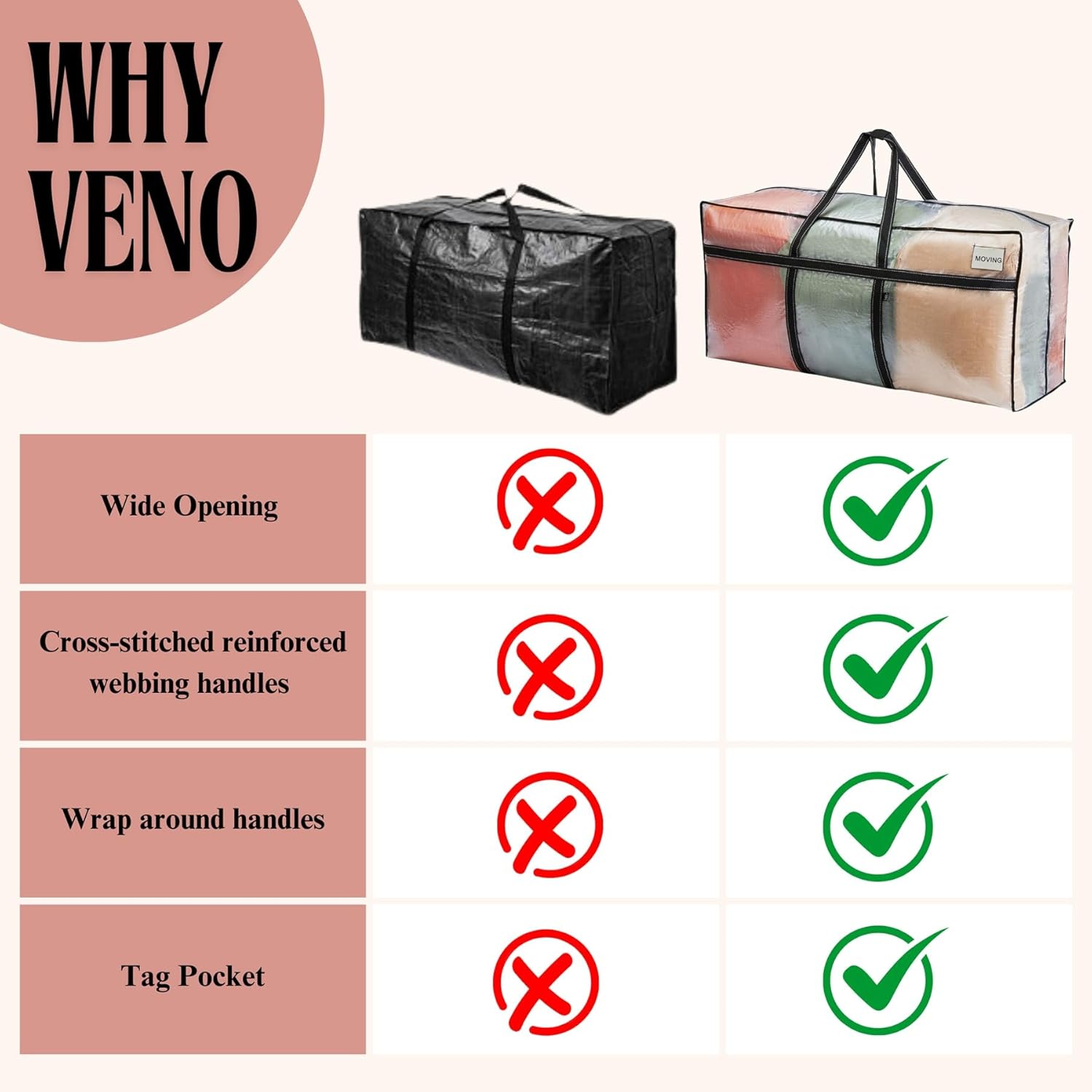 VENO Extra Large Heavy Duty Moving Bags - Ideal Storage Solution for College & Christmas Trees (Clear)