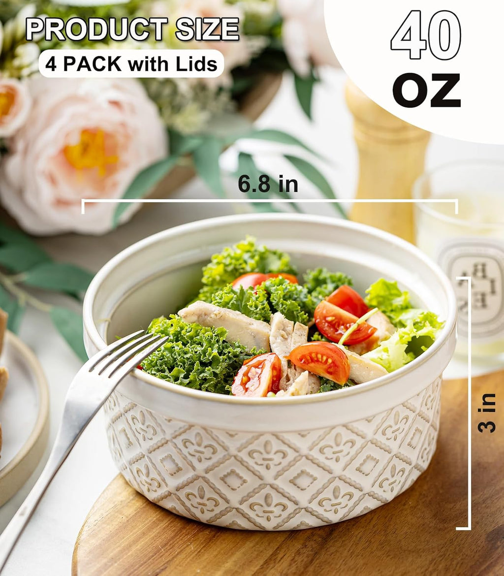 Ramekins 40 Oz Ceramic Bowls Set of 4 - Airtight Mixing Bowls with Lids for Salad, Soup & Baking - Beige