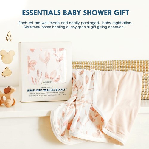 GRSSDER Super Soft Jersey Knit Swaddle Blanket for Baby Girls, Double Layer Reversible Receiving Blanket 34 x 44 Extra Large for Baby Swaddling, Pink Flora